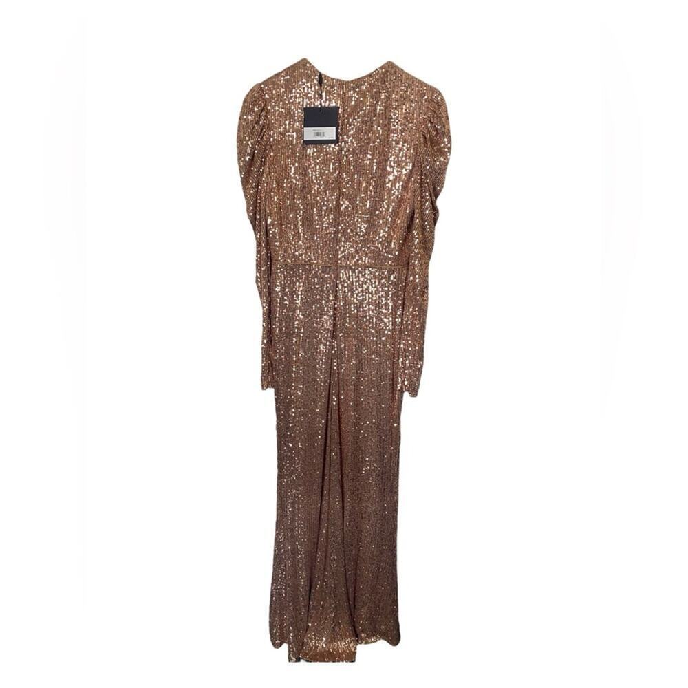 Mac Duggal SEQUINED HIGH NECK PUFF LONG SLEEVE COLUMN GOWN Gold 8 - Picture 4 of 7